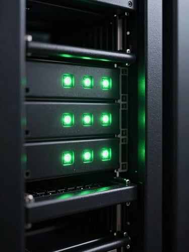 Extreme close-up of a server rack in a dark room, sharp green LED indicator lights casting a soft glow on metallic edges, high-contrast, minimalist composition.