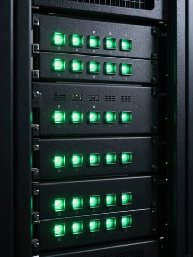 A high-contrast, close-up of server rack status lights glowing terminal green in a dark datacenter, sharp shadows.