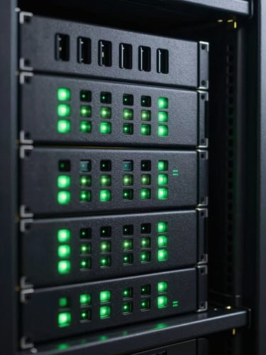 Macro shot of a dark server rack with glowing green status LEDs, clean lines, high contrast, terminal aesthetic