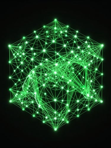 An isometric abstract wireframe of a secure network node diagram, glowing green lines on a pitch black background.
