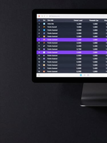 Extreme close-up overhead flat-lay of a Meta Ads campaign dashboard on a dark monitor, real data rows and cost-per-lead metrics visible, cool studio strobe lighting, deep charcoal surface, purple accent glow on active campaign rows, tight crop with purposeful negative space on the left edge