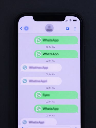 Extreme close-up overhead shot of a smartphone screen showing an active WhatsApp business agent chat with automated response bubbles, timestamps reading 02:14 AM, purple-tinted interface highlights on deep charcoal background, cool studio lighting from directly above, sharp focus on the message thread with motion-blur on notification badges