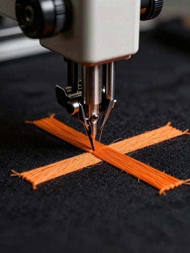 Industrial embroidery machine needles stitching orange thread onto black fabric, high-speed motion blur, dramatic industrial lighting, premium manufacturing