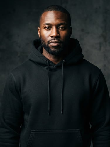 Portrait shot of a premium black cotton fleece pullover hoodie on a model, high-contrast studio lighting, deep shadows, rich texture, sharp details, 85mm lens