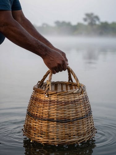 Close-up of a haor fisherman's hands setting a traditional wicker fish trap at the water's edge, dawn mist rising off still water behind him, natural soft overcast light, shallow depth of field on the woven material, no faces visible