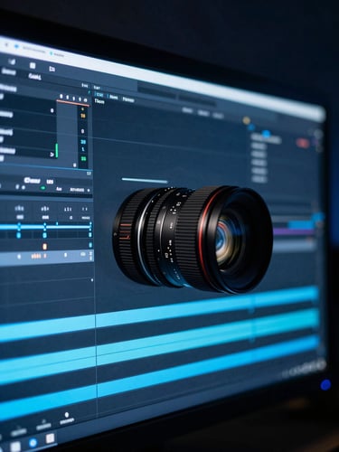 Crisp macro focus of a professional video editing timeline on a wide monitor, glowing blue neon accent lights, dark slate tones, 35mm lens