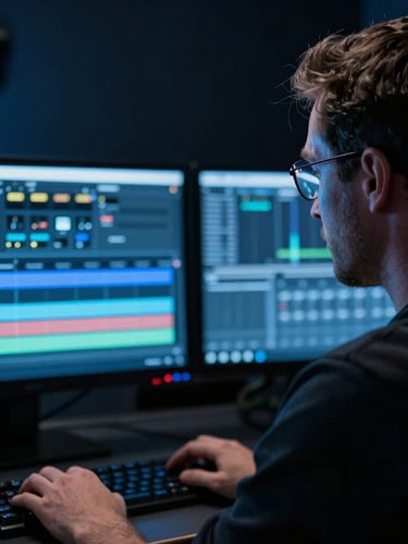 Moody over-the-shoulder portrait of a producer in a dark Pittsburgh editing bay, cool blue neon accent lighting, glowing timeline on dual monitors, macro focus, 35mm lens