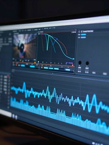 Macro shot of a professional video editing timeline on a high-end monitor in a dark studio, glowing electric blue waveforms and cuts, shallow depth of field, 35mm lens