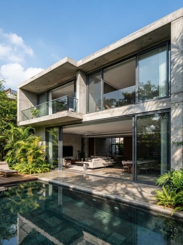 Wide-angle portrait of a luxury concrete villa in Bengaluru, showcasing massive floor-to-ceiling sliding glass doors, sharp architectural shadows, bright natural daylight.