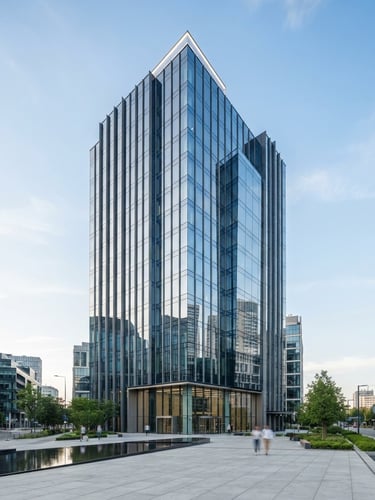 Wide-angle architectural exterior shot of a modern high-rise building with a sleek glass façade, sharp structural lines, bright natural daylight, minimal luxury aesthetic, 35mm