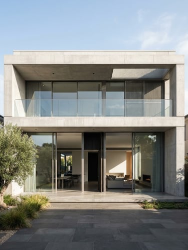 Straight-on architectural elevation of a modern concrete villa with massive minimalist sliding glass doors, bright natural daylight, sharp shadows