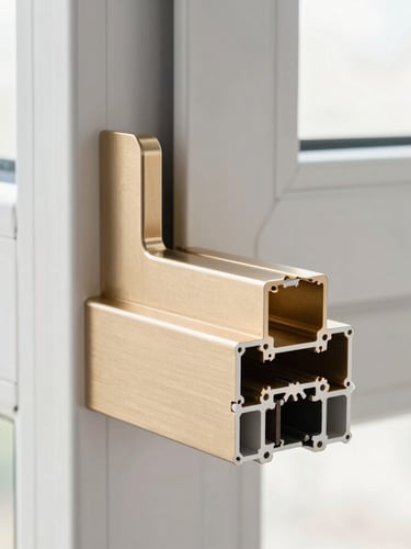 Extreme macro architectural photograph of a premium aluminium window corner joint, highlighting the flawless champagne-gold hardware and weather-resistant seals.