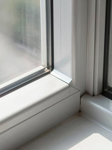 Macro architectural photograph of a sleek aluminium window corner joint, millimeter-precision alignment, bright natural daylight, crisp metallic reflections, minimal luxury.