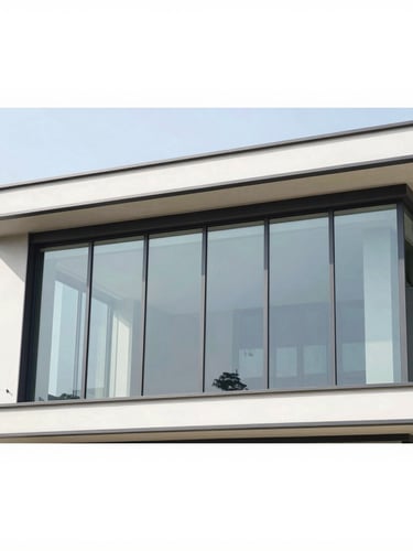 Architectural elevation of a modern luxury villa in Bengaluru, showcasing large-span structural glazing and clean joints under bright natural daylight.
