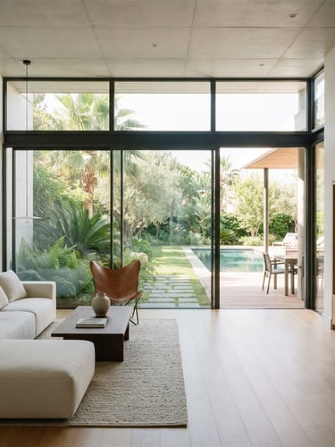 Wide angle interior of a modern minimalist villa, large-span uPVC sliding glass doors opening to a lush garden, bright natural daylight, sharp architectural lines, 35mm