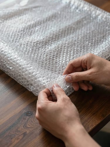 Tight macro shot of hands wrapping the corner of a dark wood dining table with thick bubble wrap, bright clean daylight, high contrast.