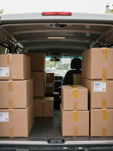 Wide-angle shot of an organized, clean moving truck interior with neatly stacked uniform boxes, bright natural daylight.