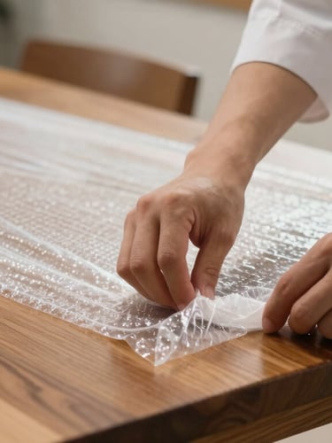 Close-up of hands in clean professional uniforms carefully wrapping the corners of a polished wooden dining table with thick protective bubble wrap, bright indoor lighting