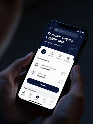 Over-the-shoulder perspective of a user navigating a dark-mode logistics application on a mobile phone, subtle blue ambient light, high contrast.