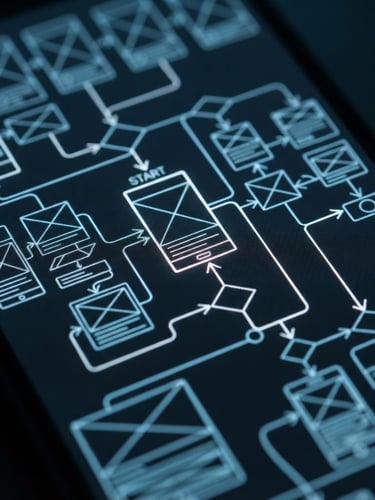 A high-fidelity mobile interface wireframe on a dark screen, crisp cool-toned studio lighting, macro shot showing clean user flow lines, high contrast, 50mm lens