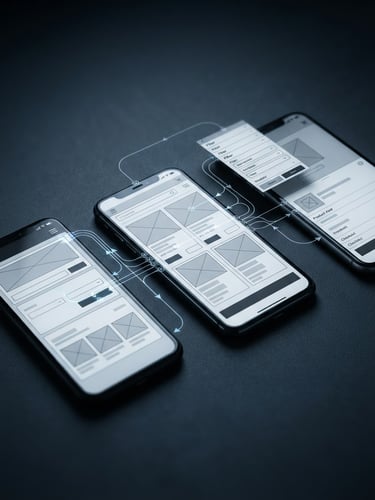 High-fidelity mobile interface wireframe showing user flow diagrams, cool-toned ambient light, high contrast, crisp studio photography style