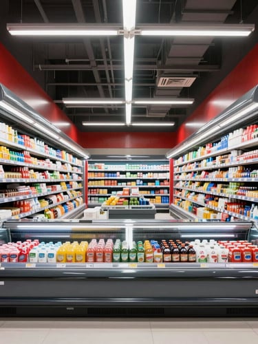 Straight-on architectural shot of a modern supermarket refrigerated display case, illuminated interiors, crisp high-contrast industrial lighting, metallic reflections, red details, clean and organized, 35mm