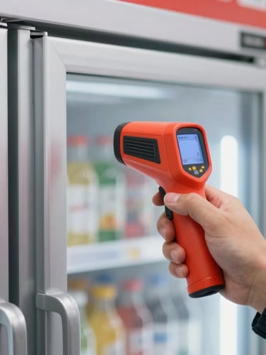 Sharp technical photography of a technician measuring temperature on a commercial refrigerated display case with a digital thermal camera, crisp metallic reflections, red accents, 35mm