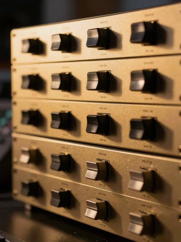Extreme close-up of high-end studio mastering gear, glowing gold rack units, single-source directional light, high shadow depth