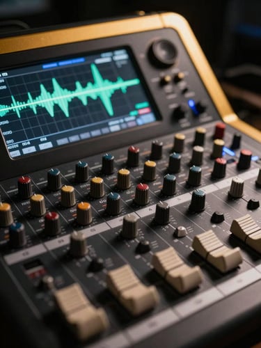 Extreme macro shot of a sleek digital mixing console and glowing waveform dashboard on a dark display, gold-rimmed directional light, cinematic focus