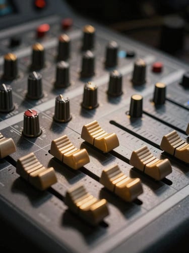 Cinematic close-up of a high-end analog mixing console's faders, single-source directional light casting deep shadows, gold-toned rim lighting highlighting the metallic dials, dark studio background.