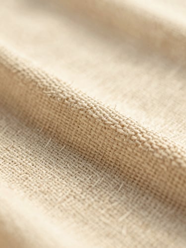 Macro photograph of heavy-grade cotton weave, showing the raw grain and natural slubs of the fabric, warm golden-hour side lighting, shallow depth of field.
