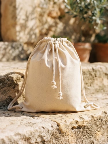 Editorial medium close-up of a raw cotton drawstring backpack resting on a warm, sunlit stone step, soft shadows, 35mm film feel, cream and sand tones.