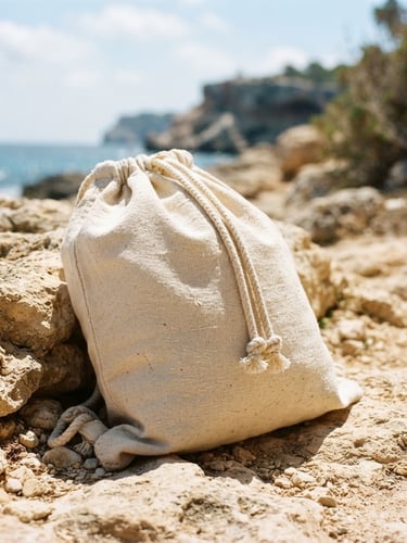 A raw cotton drawstring backpack resting on sunlit coastal stone, bright midday sun, soft cream and sand tones, 35mm film