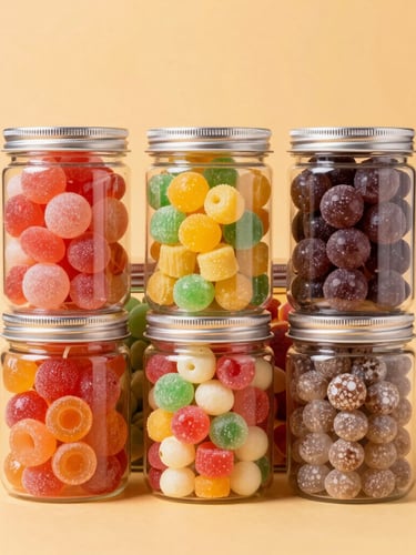 Crisp front-facing product shot of colorful candy jars and spiced nimko bags on a solid warm saffron background, bright high-key studio lighting, 50mm