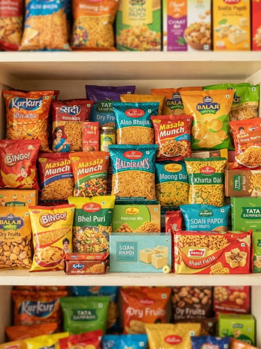 Bright high-key product photography of a family pantry shelf filled with colorful South Asian snack packages, warm daylight, vibrant colors, crisp focus, 50mm