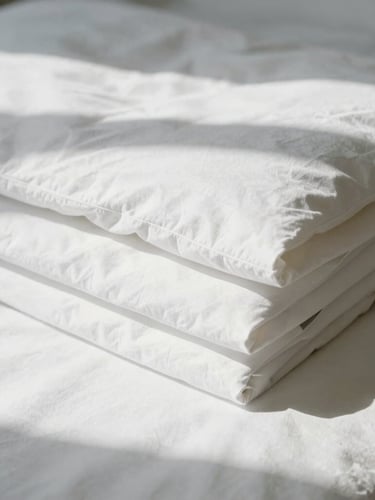 Close-up of crisp white bed linens folded with absolute precision, sharp architectural shadows, bright morning daylight, 35mm