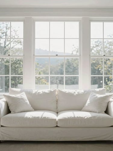 Straight-on architectural photo of a sunlit, minimalist living room post-clean, crisp linen white sofa, natural daylight streaming through immaculate glass window panes, 35mm
