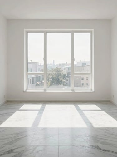 A straight-on architectural shot of a sunlit, immaculate minimalist living room with pristine marble floors and natural daylight streaming through tall windows, 35mm