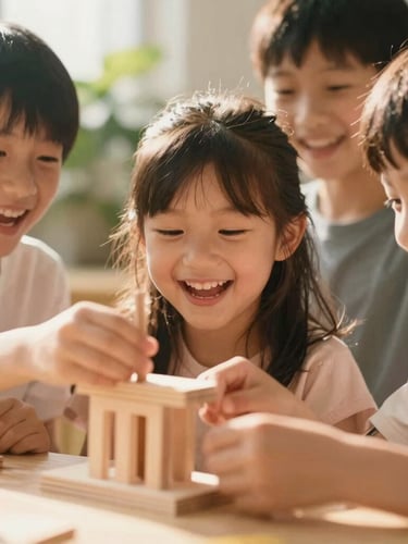 A bright close-up of children laughing while building a wooden craft under warm golden-hour sunlight, shallow depth of field, 35mm