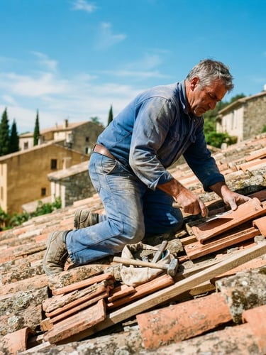 Low-angle shot of a French craftsman in workwear repairing terracotta roof tiles on a sunny day in Provence, bright Mediterranean sunlight, high contrast shadows, sharp details, 35mm