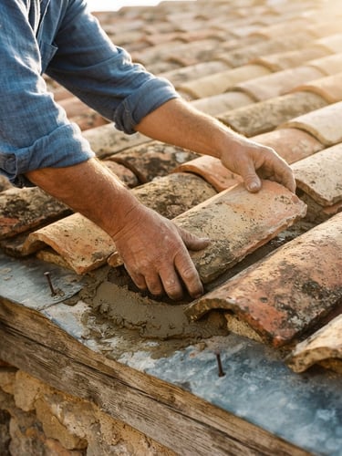 Close-up of weathered terracotta tiles being laid by an artisan under warm golden Mediterranean sunlight, sharp details, 35mm