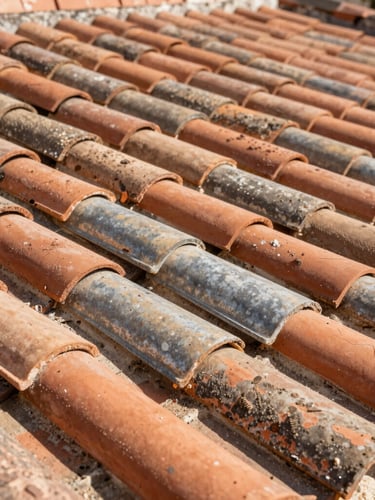 Close-up of weathered terracotta tiles being laid on a historic roof, warm Mediterranean sunlight, high contrast shadows, sharp details, 35mm