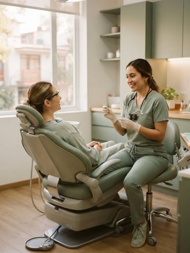 Warm editorial photography of a sunlit dental clinic interior in Tlalpan, soft natural window light, muted sage and ivory tones, comfortable modern dental chair, 35mm lens