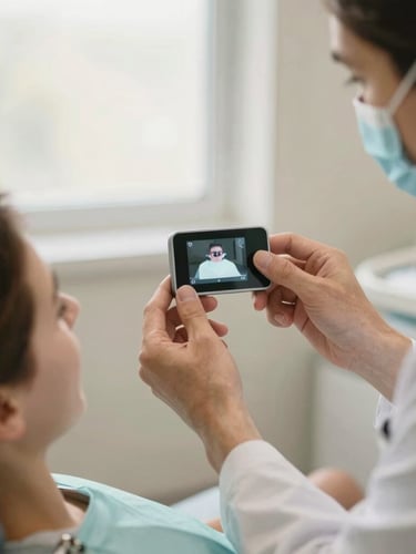Warm editorial photography of gentle hands-at-work, a dentist showing digital intraoral camera results to a relaxed patient, soft daylight, shallow depth of field
