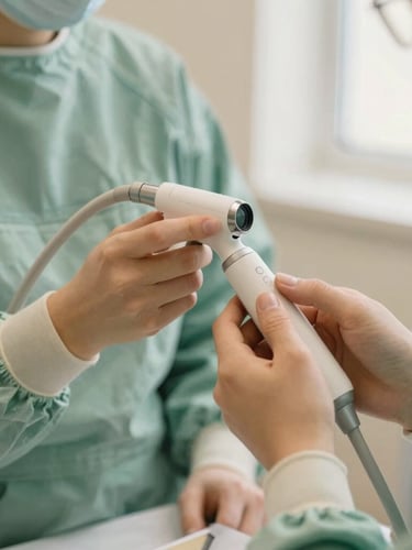 Hands of a dentist in soft green scrubs holding a modern intraoral camera, gentle warm lighting, clinical but serene environment, close-up editorial