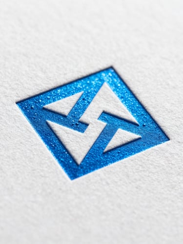 Macro overhead studio shot of textured heavy cardstock with a sharp debossed geometric graphic mark in metallic blue foil, crisp side lighting, clean shadows