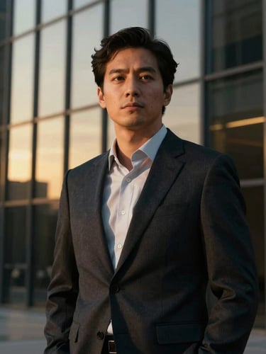Low-key dramatic portrait of a visionary developer in a tailored dark suit, golden hour light reflecting off architectural glass in the background, sharp focus, cinematic luxury.