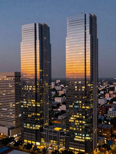 Cinematic twilight drone shot of high-rise luxury glass towers in Gachibowli Hyderabad, golden interior lights reflecting on sleek facades, expansive dark sky