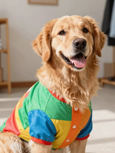 Bright joyful pet photography, a happy golden retriever wearing a colorful custom shirt, natural daylight, warm Celaya workshop background, eye-level angle.