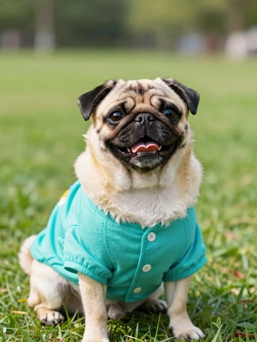 A happy pug wearing a vibrant teal handcrafted summer shirt in a bright sunny park, eye-level angle, cheerful pet photography.